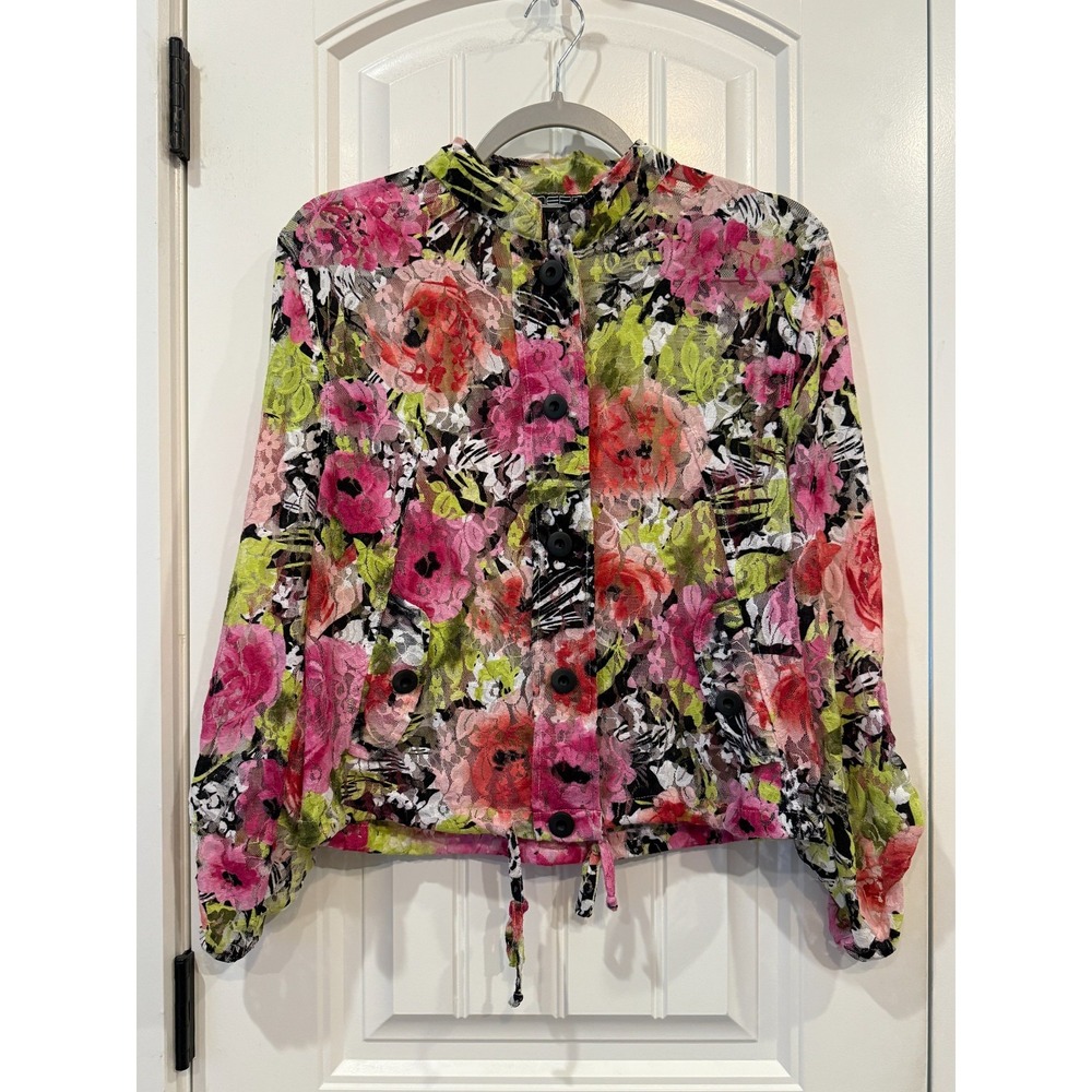 Linear Floral Lace Button Down Jacket M Sheer‎ Vibrant Print